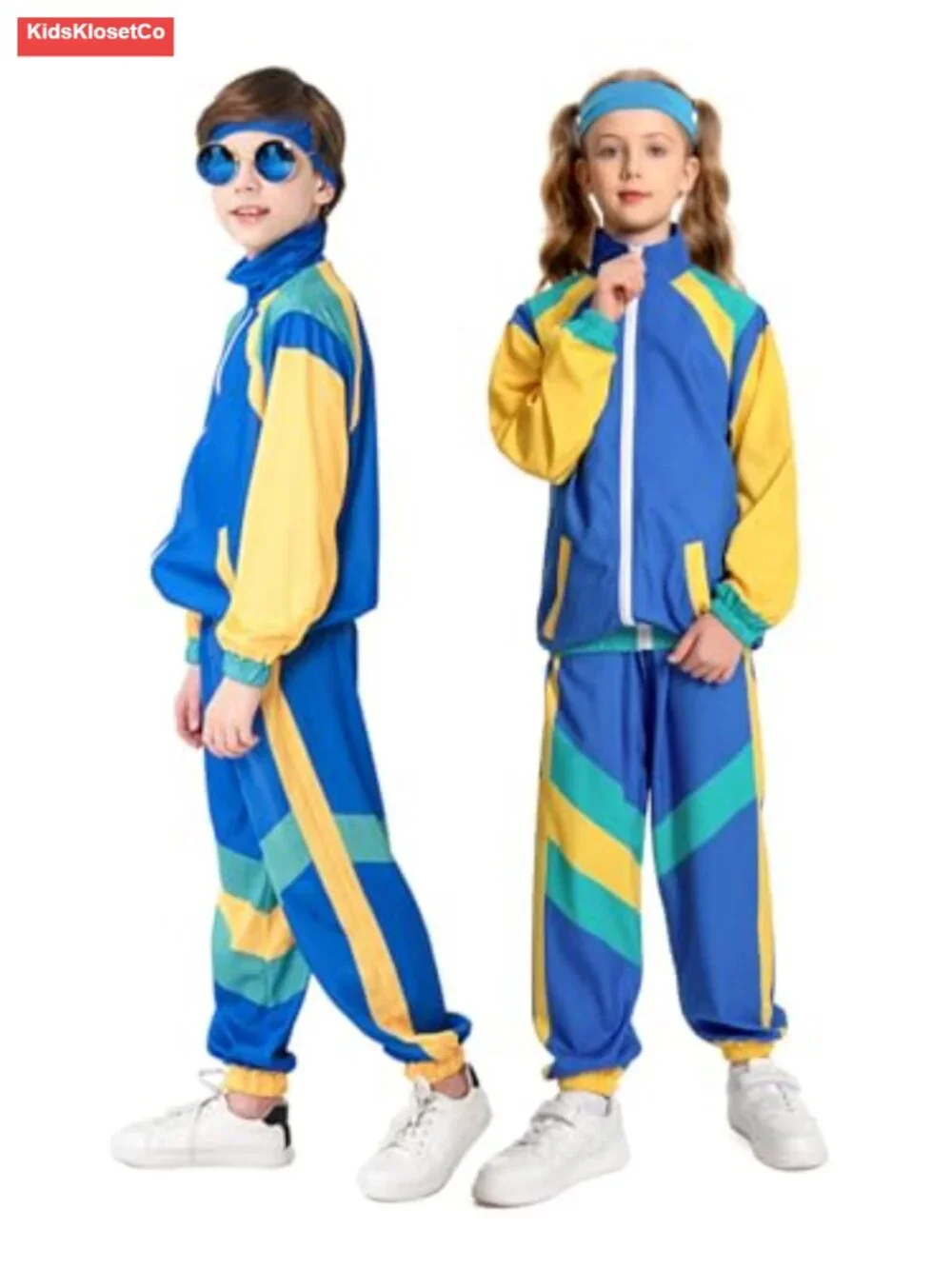 Boys 80s Tracksuit Kids Hip Hop Costume Retro Dance Set with Headband